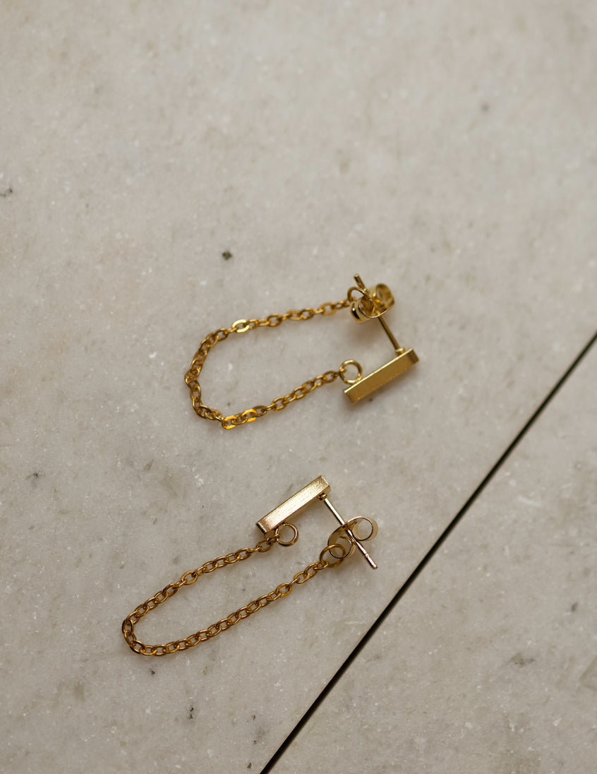 Gold Front and back Bar Chain Earrings