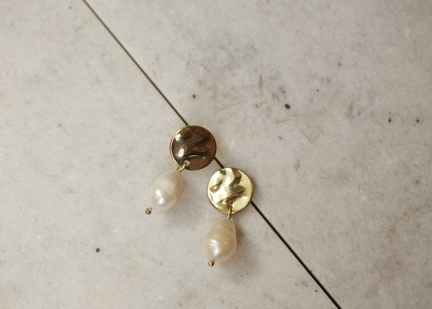 Gold Baroque Pearl Coin Earrings