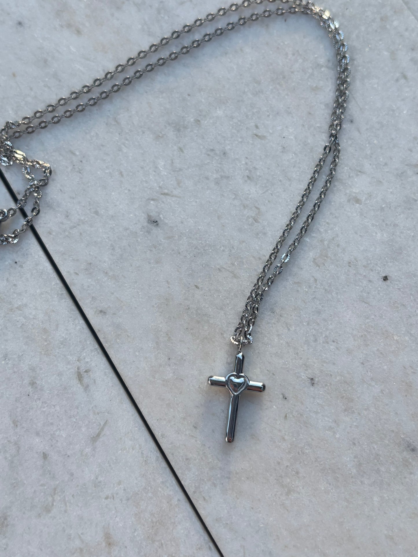 Silver Cross and Heart Necklace