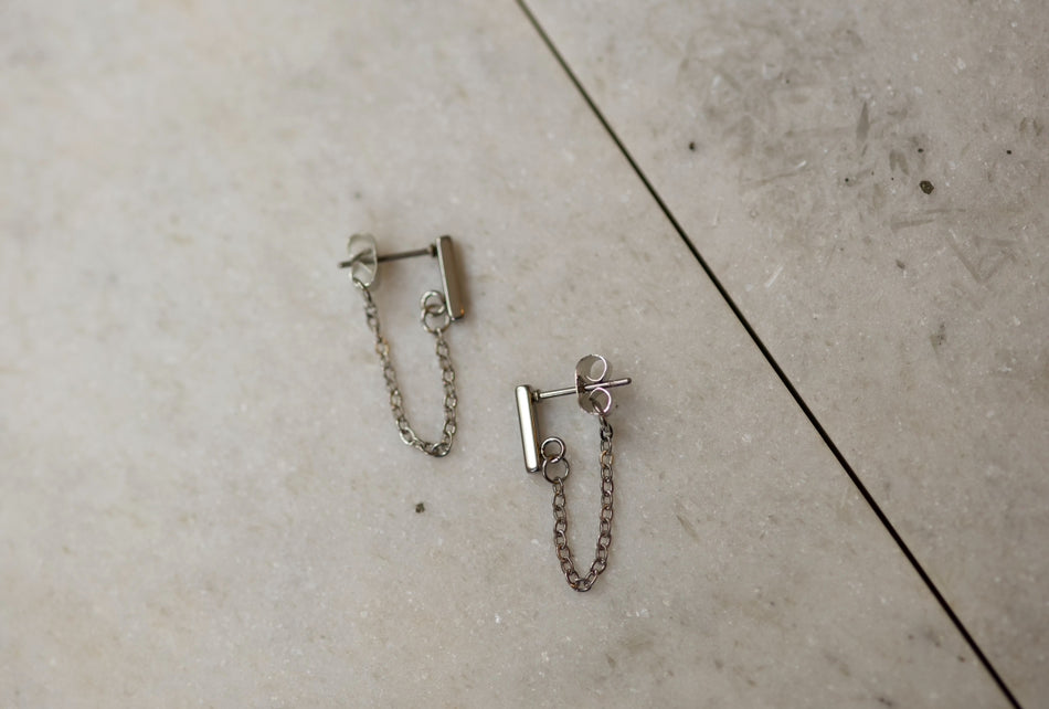 Silver Front and back Bar Chain Earrings