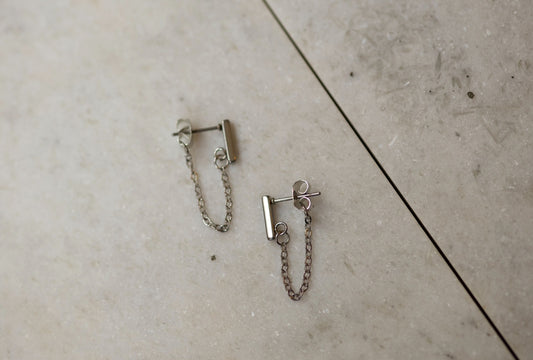Silver Front and back Bar Chain Earrings